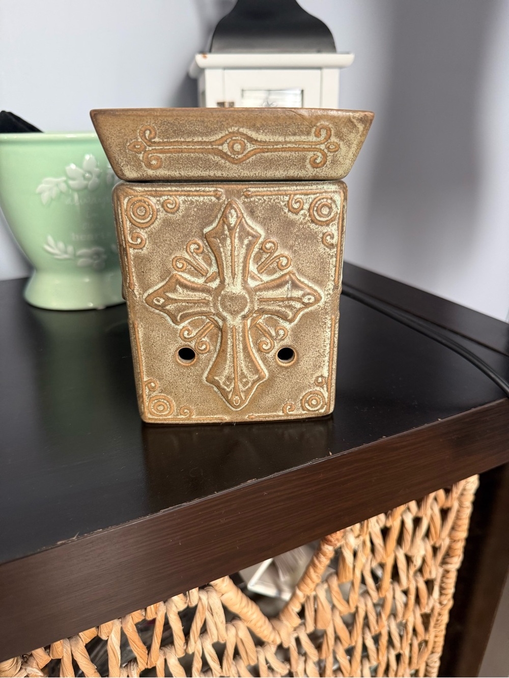 Scentsy Ceramic Wax Warmer with Embossed Cross in Brown